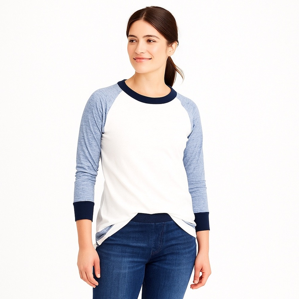 J. Crew Womens Baseball Tee Shirt White Blue Long Sleeve Casual Top